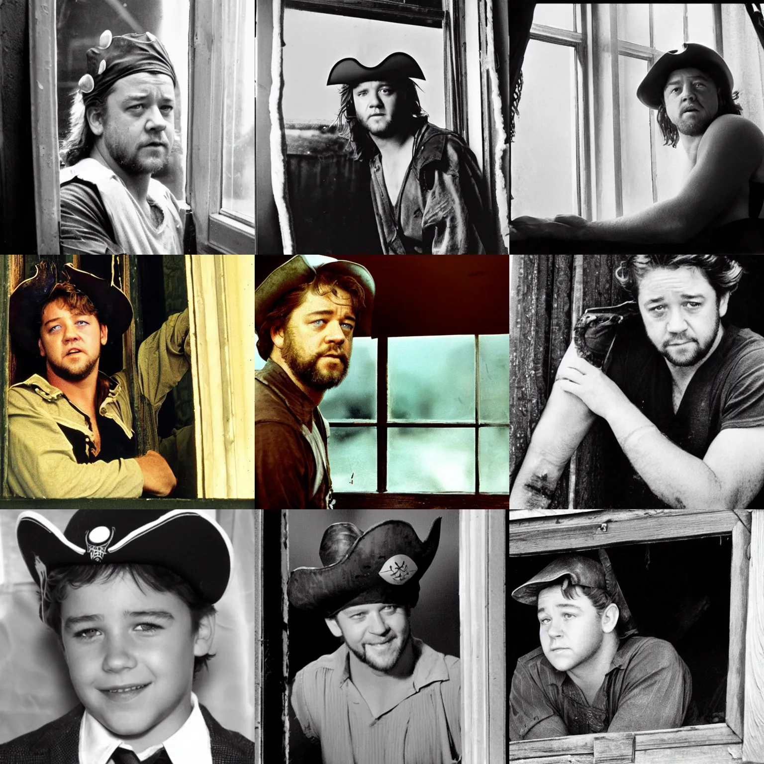 Prompt: young russell crowe wearing a pirate hat behind a dirty window staring out