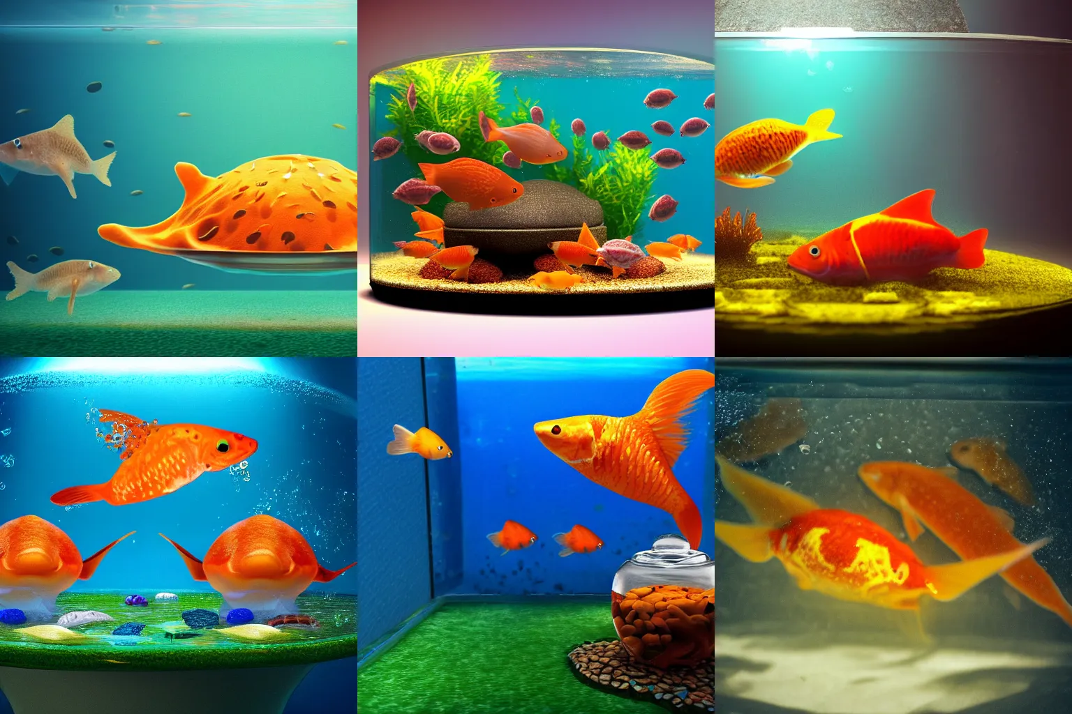 Prompt: miniature stingrays swimming around small fishbowl with goldfish, 8k surreal trending on artstationHD