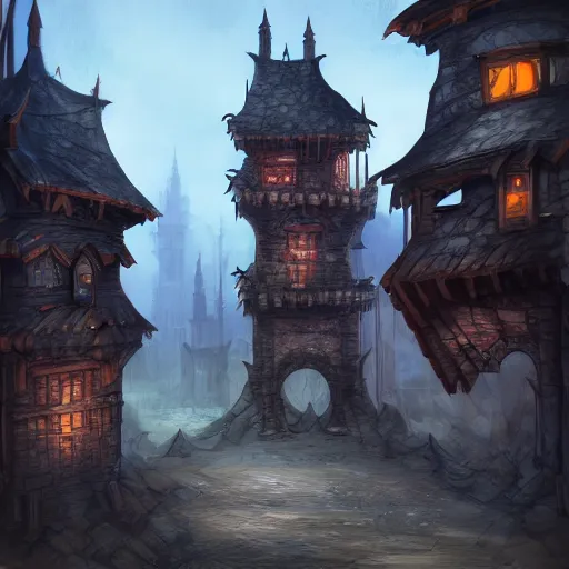 Prompt: medeival fantasy town, slight ruination, night, tall wooden palisade!! connecting buildings, artstation