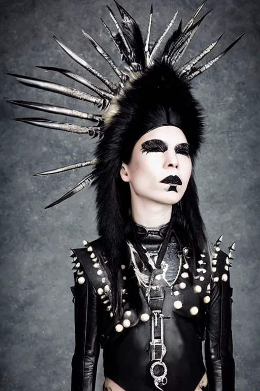 Image similar to a indigenous inuit genderqueer person in a black leather outfit with spikes on their head, a high fashion character portrait by christen dalsgaard, featured on behance, gothic art, androgynous, genderless, gothic