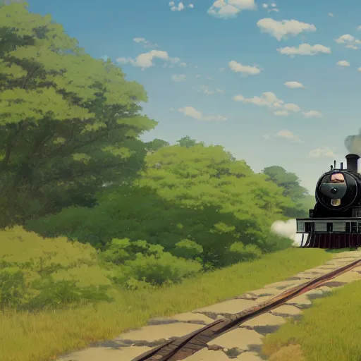 Image similar to steam train going through the countryside towards a distant city, anime, by makoto shinkai, steam train, landscape