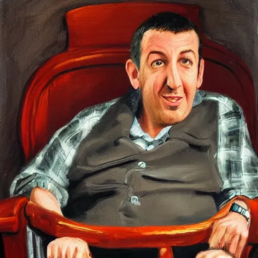 Image similar to adam sandler as a very old man sitting in a rocking chair, oil painting