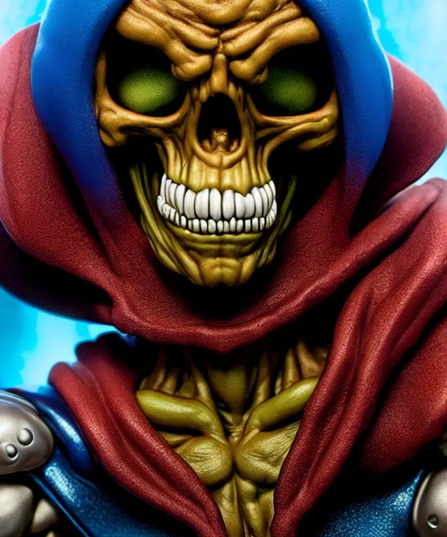 Image similar to hyperrealistic rendering, skeletor, by art of skinner and richard corben and jeff easley, product photography, action figure, sofubi, studio lighting, colored gels