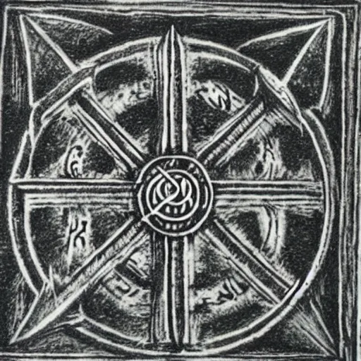 Prompt: magic sword iconography old occult runes intaglio etching engraving alchemy ink witchcraft