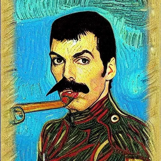 Prompt: Freddie Mercury in the style of Vincent van Gogh self-portrait