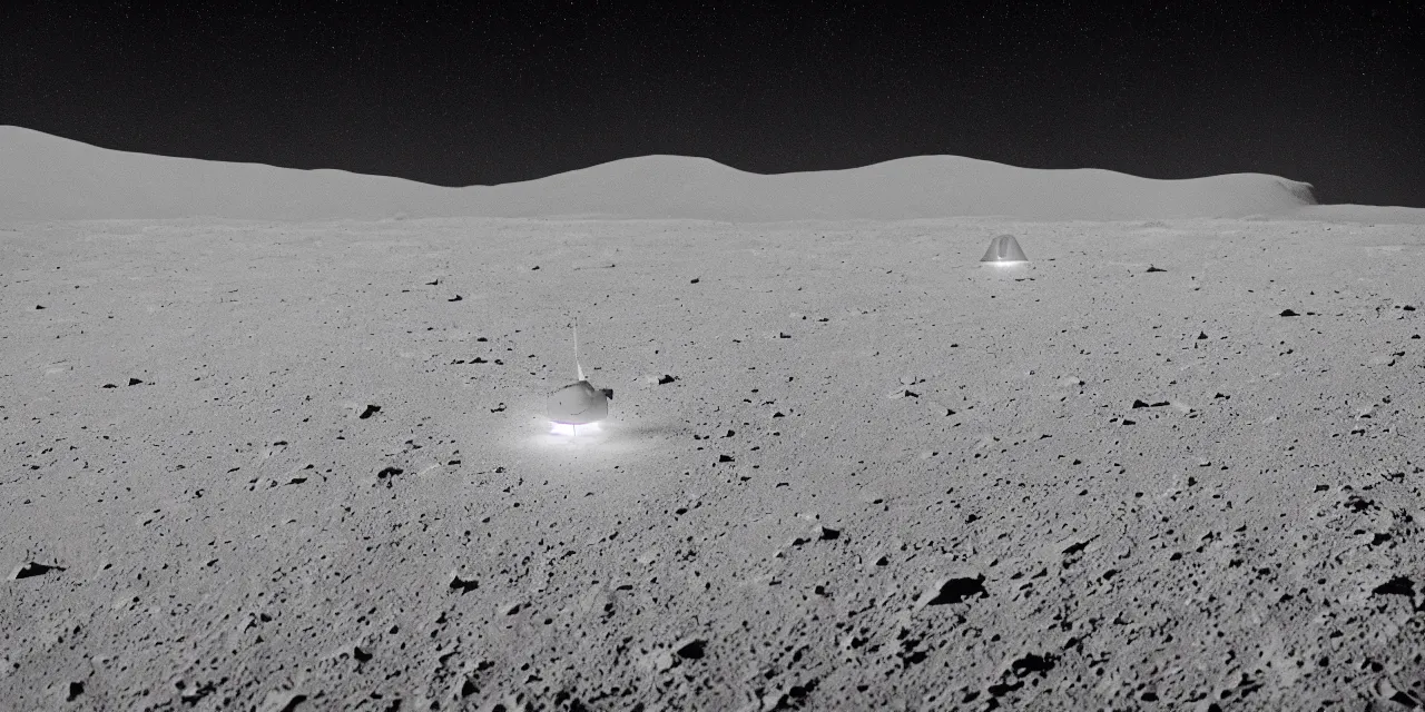 Prompt: ultrawide angle view from the surface of the moon, cinematic film still, film grain, looking up at tall white space, glowing landing lights on spaceship, stars and space in the background, fog and dust, full frame photography