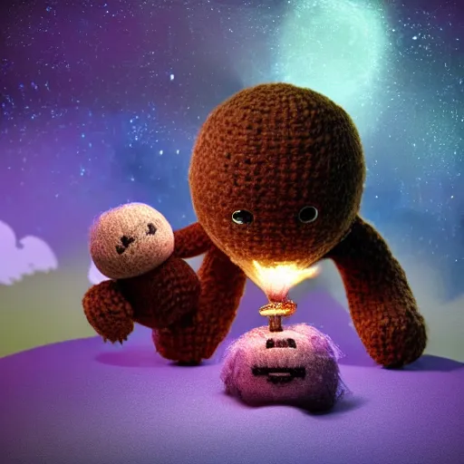 Image similar to cute fluffy sackboy cuddling a woolen earth, magical sparks flying around it in circles, 3d rendered, Ultra HD