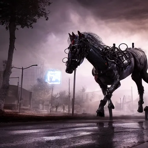 Image similar to apocalyptic, a terminator horse walking on the future street. smoke. volumetric lighting, sharp focus, ultra detailed, cgsociety - w 1 0 2 4 - n 8 - i