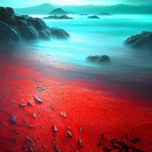 Prompt: gorgeous detailed oil painting of a red sea covered in big blue rocks, the further away the mistier it gets, dark aesthetic, atmospheric, concept art, octane render, unreal engine 5, trending on artstation, high quality, path traced, surreal, trending on deviantart, moody, highly detailed, masterpiece, award winning, 4 k hdr, digital art