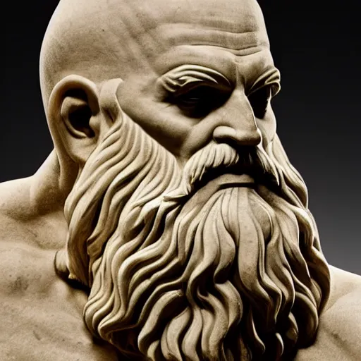 Image similar to epic greek marble statue of a grumpy bald man with a long beard, photo, chiaroscuro