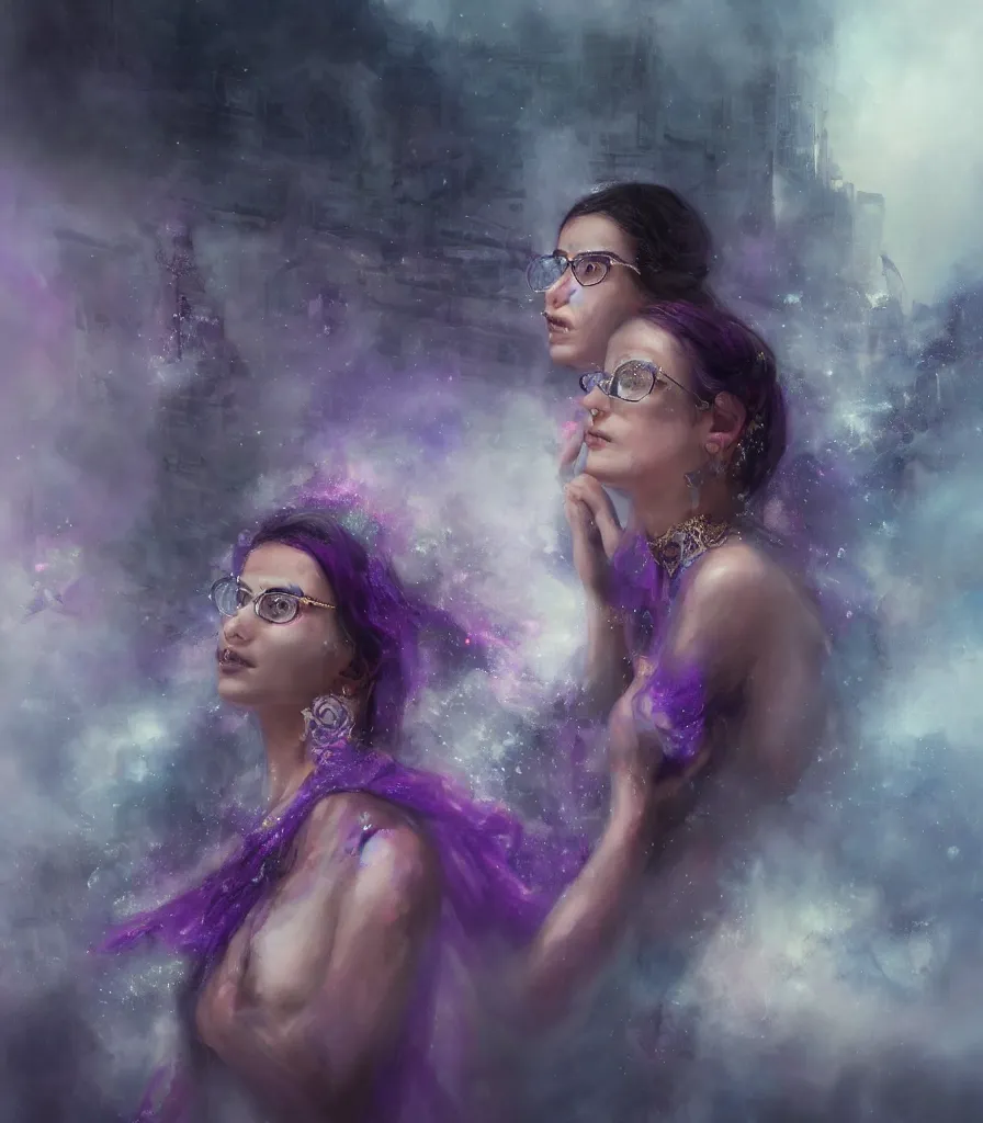 Prompt: hyperrealistic portrait of a young hyderabadi muslim woman as a purple nymph with cateye glasses, sapphire butterfly jewellery, snakes emerging from mystic fog smoke, above the clouds skyscrapers. by jeremy mann, fantasy art, photo realistic, dynamic lighting, artstation, poster, volumetric lighting, 4 k, award winning