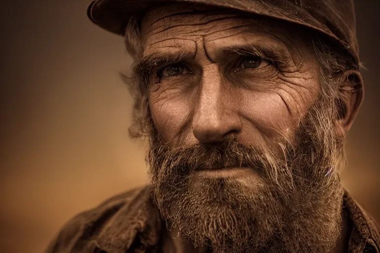 Image similar to a cinematic headshot portrait of a farmer, stood outside a wooden cabin, ultra realistic, dramatic lighting, by mike campau and annie leibovitz