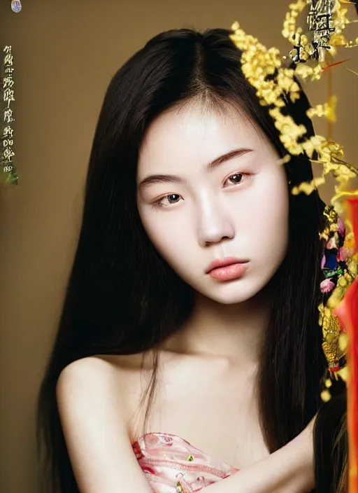 Prompt: portrait of a beautiful 20-year-old Chinese woman by Mario Testino, close up, detailed, award winning, Sony a7R