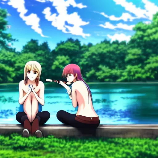 Image similar to two beautiful lesbian girls in love, smoking a weed cigarette with smoke, sitting in front of a lake, in the style of anime, close - up, highly detailed face, 4 k, pixiv, intricate, elegant, highly detailed, lush, stylized, japanese, smooth