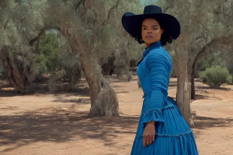 Image similar to 4 k still of tessa thompson wearing a blue dress on an old west plantation in westworld, detailed, photorealistic