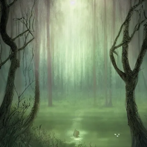 Image similar to an ethereal misty fairy swamp, fantasy illustration