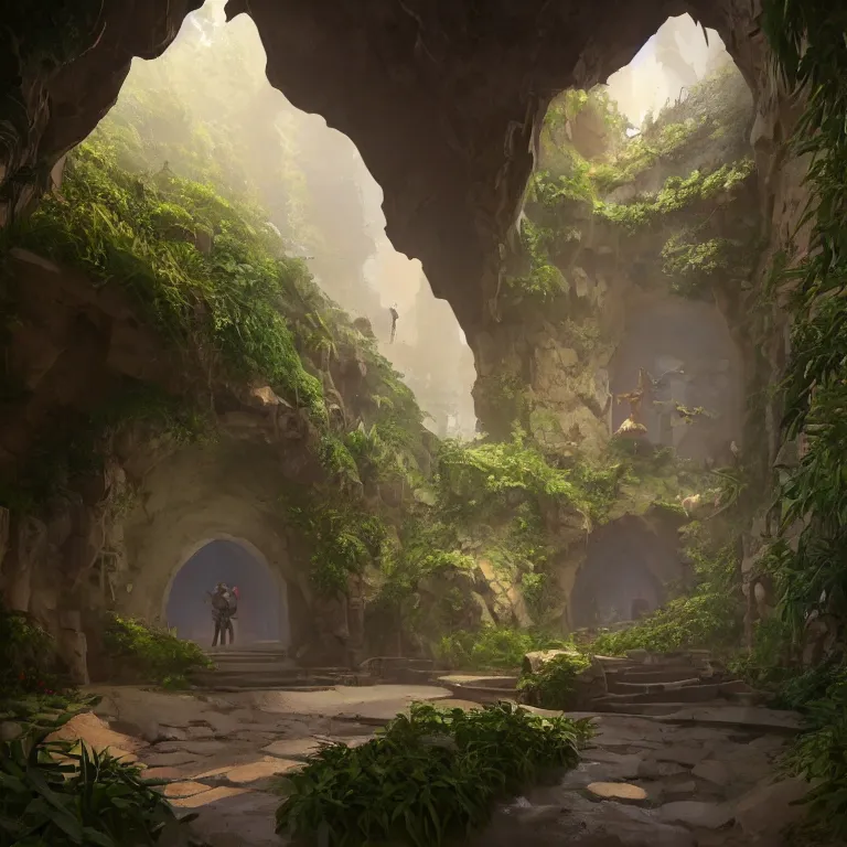 Image similar to arc hallway for secret overwatch living quarters carved inside a cave surrounding a lush garden, trimmed, magical, natural light, clean lines, cozy, fantasy, minimalist architecture, sharp focus, concept art, by greg rutkowski and craig mullins,, octane render 8 k