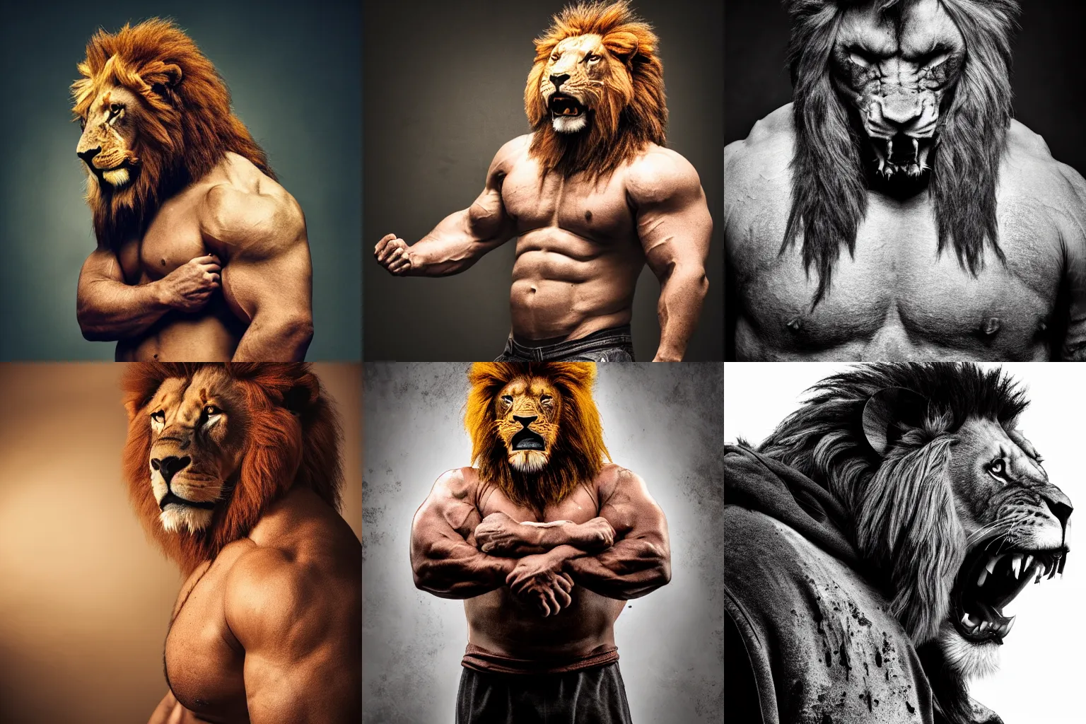 Prompt: high detail cinematic photograph portrait , epic pose mutant powerlifter muscular oversized lion wearing dirty bloody hoodie , detailed, very dramatic studio backlight