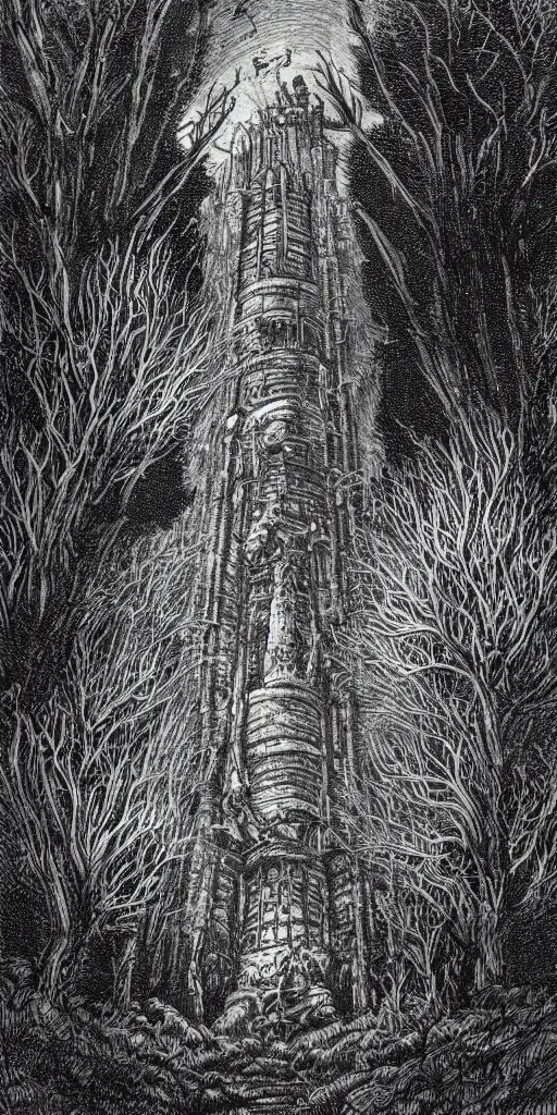 Image similar to a dark tower on a hill surrounded by a dark forest , high fantasy, drawn by Kentaro Miura