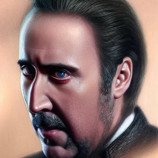 Prompt: a detailed fantasy character portrait of Nicolas Cage as godfather by lauri blank, artgerm, evelyn de morgan, 8K, 50mm lens