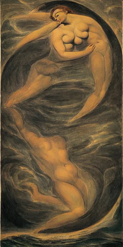 Image similar to oil painting silhouette of the venus of milos with sea inside by william blake