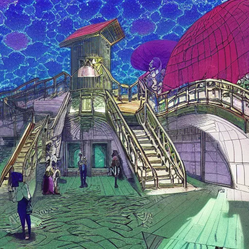 Image similar to a kaleidoscope staircase by Studio ghibli, Kentaro Miura, Hiromu Arakawa, Koyoharu Gotouge, Takeshi obata, concept art, golden ratio