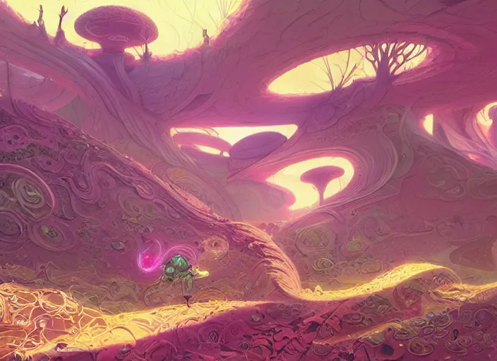 Image similar to psychedelic concept art of a spiraling alien landscape made of fungus and dragons, cel shaded, in the style of makoto shinkai and moebius and peter mohrbacher and anton fadeev