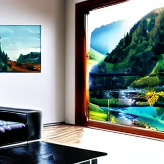 Image similar to fantastical living room with switzerland landscape in the window