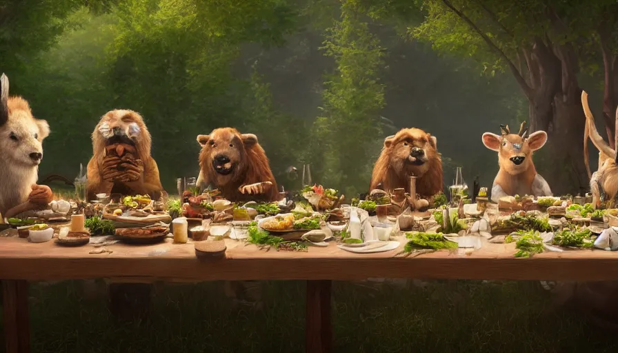 Image similar to a table dinner of animals where animals are dressed like the characters from the midsommar movie, realistic detailed digital art by maxwell boas jessica rossier christian dimitrov anton fadeev trending on artstation cgsociety rendered in unreal engine 4 k hq