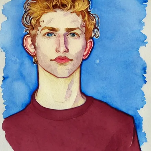 Image similar to abstract experimental watercolor drawing of a young cute handsome beautiful androgynous strawberry blond medium curly hair man in his early 2 0 s wearing a blank maroon t - shirt with grey - blue eyes, by elizabeth peyton and alphonse mucha and vincent van gogh, trending on artstation