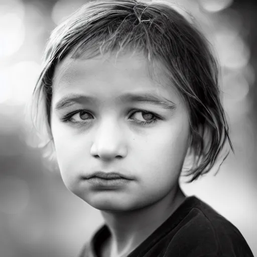 Image similar to stunning portrait photography of A sad child, near forest, outdoors, dark from national geographic award winning, large format dramatic lighting, taken with canon 5d mk4, sigma art lens, monochrome