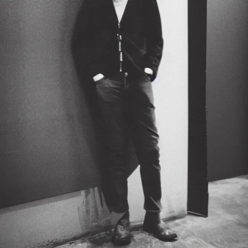 Prompt: professional black and white studio photo of a skinny man standing in front of a wall