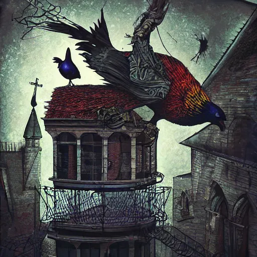 Image similar to a clown on the roof of the church playing with crows, by android jones and m. c. escher collaboration, futurist, digital art, dramatic lighting, symbolic