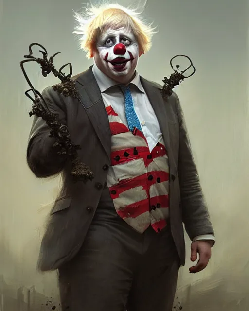 Prompt: boris johnson as clown character portrait, ultra realistic, concept art, intricate details, highly detailed by greg rutkowski, gaston bussiere, craig mullins, simon bisley