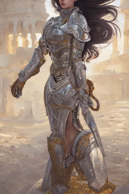 Image similar to portrait knights of Zodiac girl, silver and ice color reflected armor, in ruined Agora of Athens, ssci-fi, fantasy, intricate, very very beautiful, elegant, golden light, highly detailed, digital painting, artstation, concept art, smooth, sharp focus, illustration, art by tian zi and WLOP and alphonse mucha