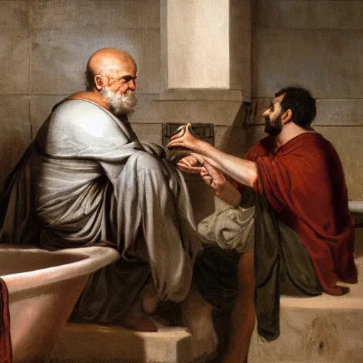 Image similar to greek philosophers in a bathroom