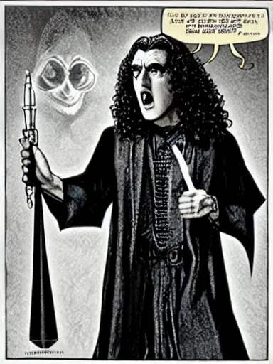 Prompt: weird al as a wizard, serious expression, in the style of frank frazetta