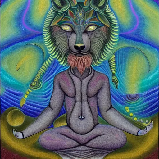 Prompt: an anthromorphic wolf man meditating in a zen garden, by amanda clark and amanda sage in a psychedelic style, oil on canvas