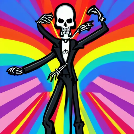 Prompt: evil tall skinny death skeleton grim reaper wearing star shaped rainbow glasses in a tuxedo, illustration, 8k, ultra high definition, ultra realistic, extreme detail