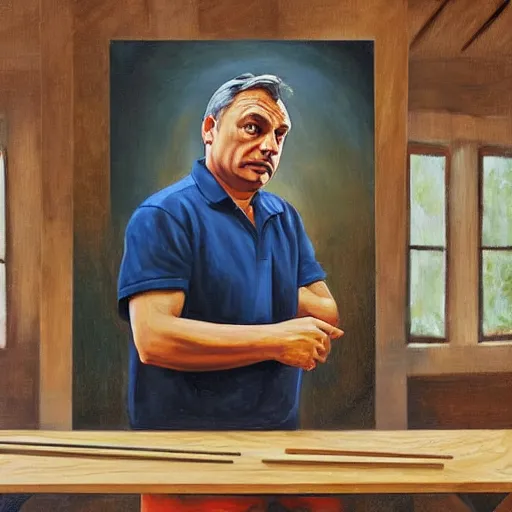 Image similar to viktor orban in a wood workshop, oil painting