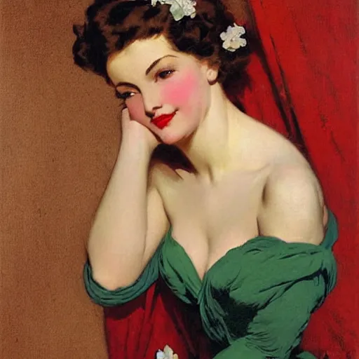 Image similar to portrait of a beautiful woman, intricate, elegant, highly detailed, by gil elvgren, greg manchess, mucha