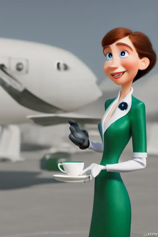 Prompt: portrait of female flight attendant green eyes holding white teacup with plane seats in background, full body. pixar disney 4 k 3 d render funny animation movie oscar winning trending on artstation and behance, ratatouille style