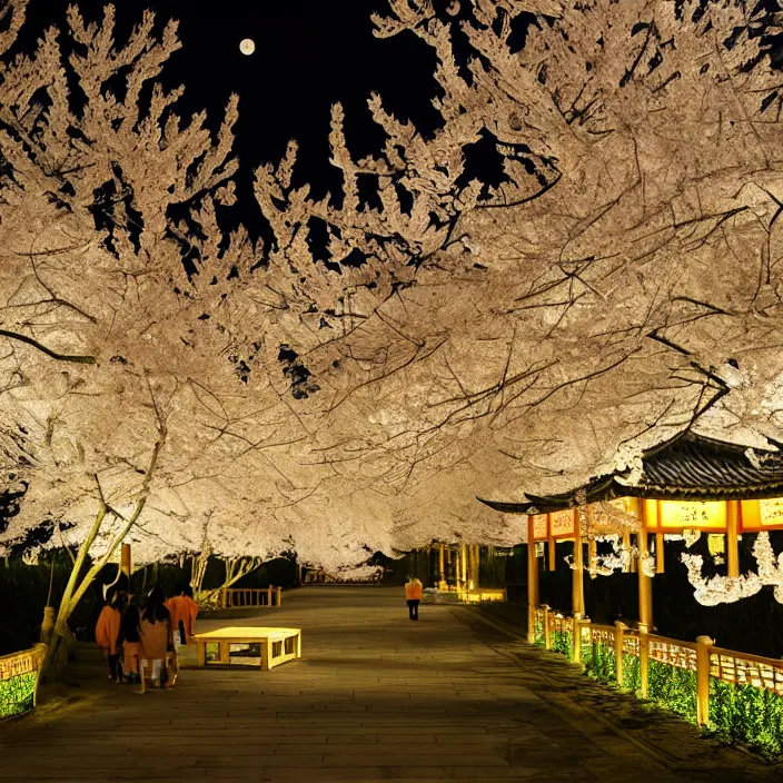 Image similar to Authentic illustrations of At night, willows and peach trees full of peach blossoms are strewn at random on both sides of the pavilions, and the bright moon is directly above the pavilions, Chinoiserie，light effect.