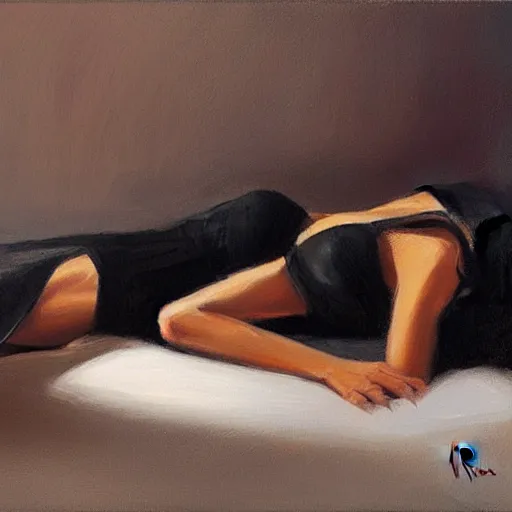 Image similar to Ground Level Shot of a dark haired woman wearing a black dress, on a bed. by fabian perez