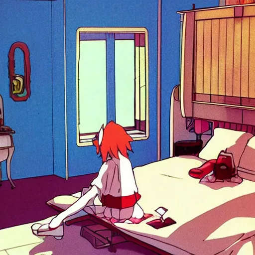 Image similar to bedroom in studio ghibli, Zero Two sitting on bed, anime style