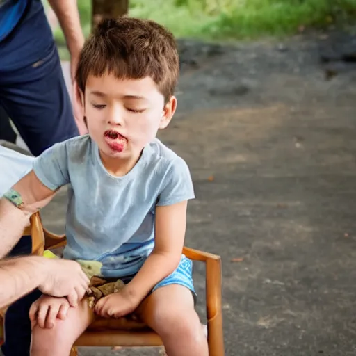 Prompt: a kid healing a mans wound, the man is sitting on a wooden chair