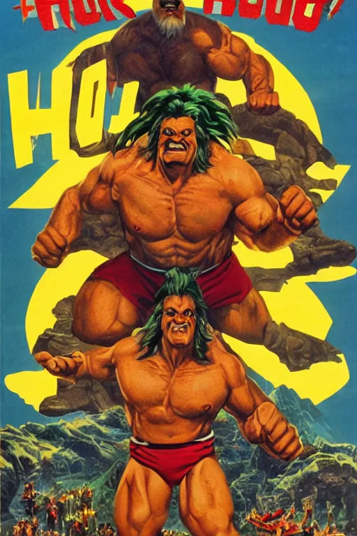 Image similar to vintage movie poster kulk kogan, hulk hogan, pointing dwarves, lightning, mountain, 1 9 8 2, drew struzan inspiration