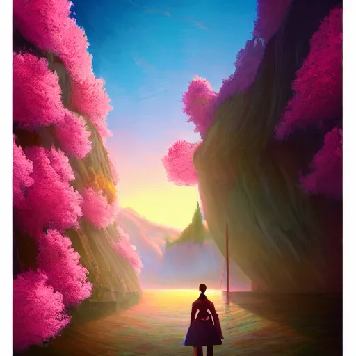 Image similar to giant cherry blossom flower as a head, girl walking in a canyon, surreal photography, sunrise, dramatic light, impressionist painting, colorful clouds, digital painting, artstation, simon stalenhag