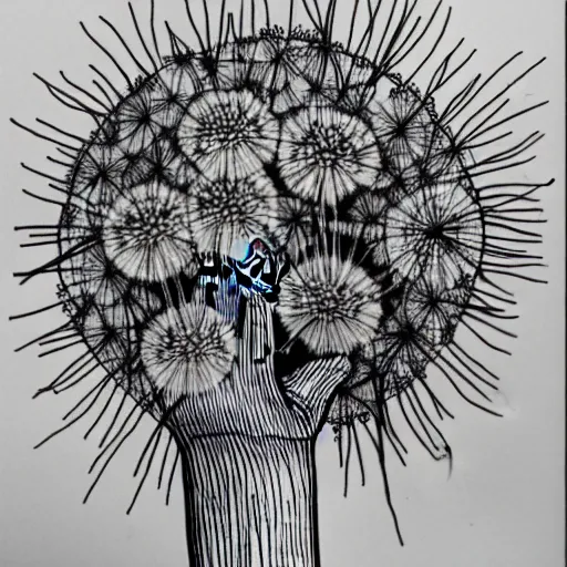 Image similar to a hand with dandelions growing out of it, pen and ink style