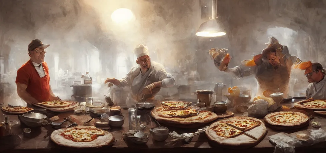 Prompt: a chef inventing pizza, scientific, tools, happy chef, pots and pans, jars, fog, magic, 8k, james gurney, greg rutkowski, john howe, artstation